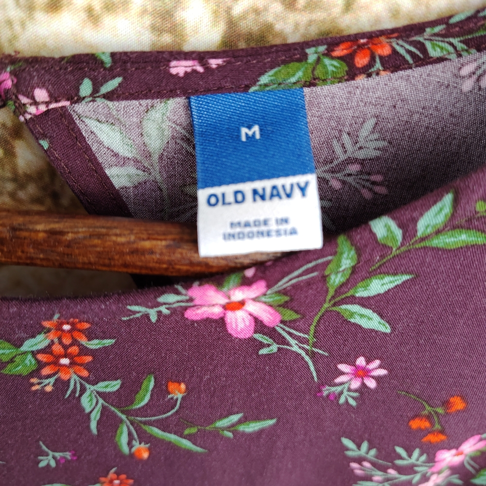 Old Navy Purple Floral Dress Puff Sleeve Open Back Size Medium - Picture 7 of 14